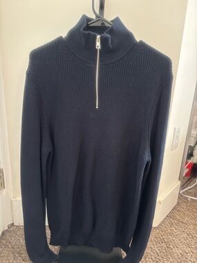 ZARA Men’s Navy Half-Zip Ribbed Knit Pullover
